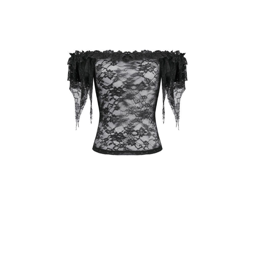 Dark in Love - Gothic Romantic OffShoulder Sheer Lace with Ethereal Winged Sleeves Top - Black